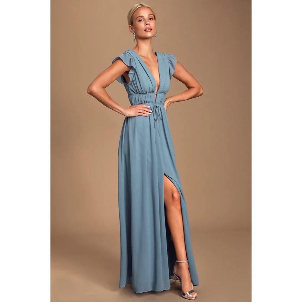 NWT Lulu’s I’m All Yours Slate Blue Ruffled Maxi Dress